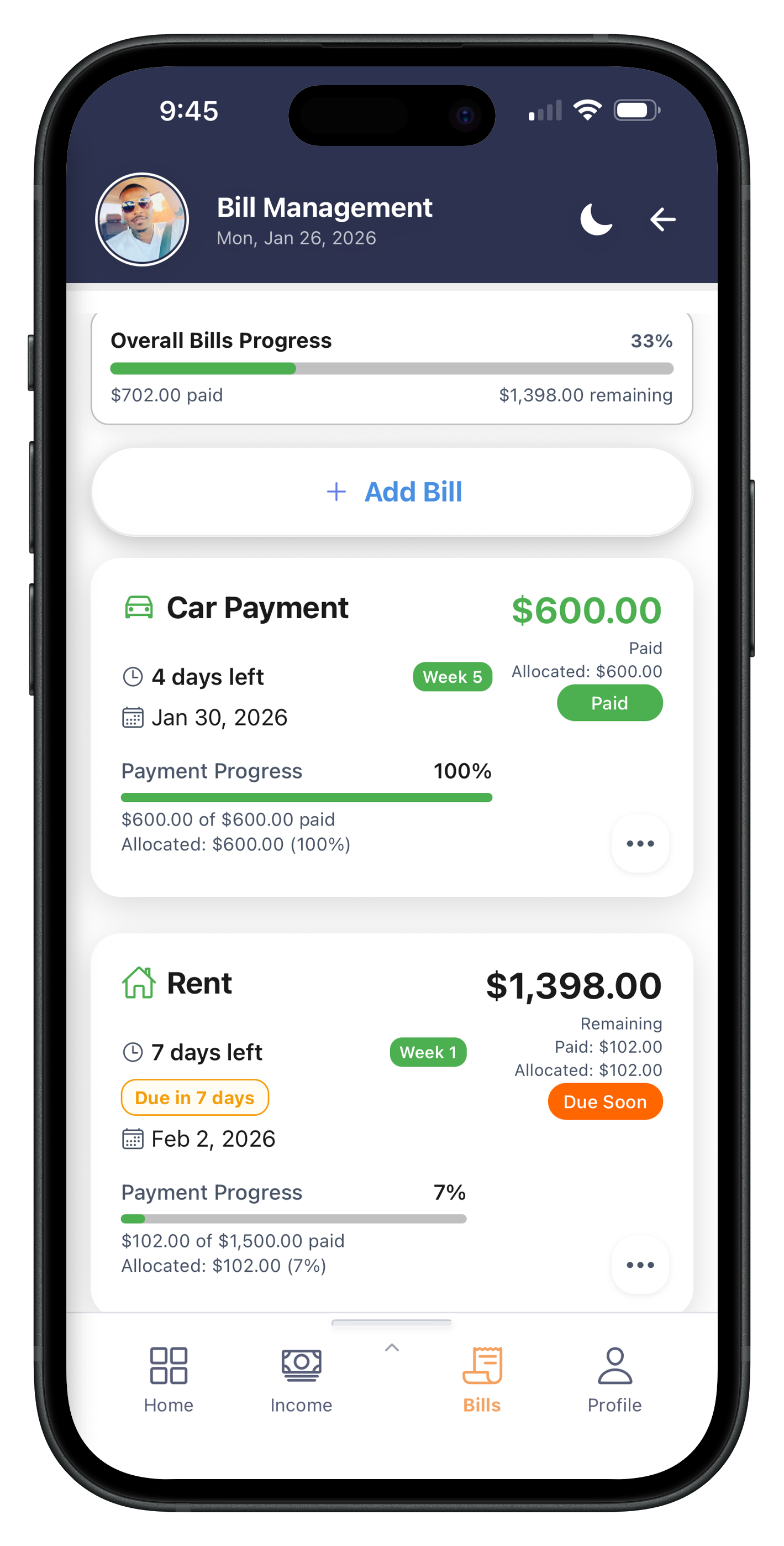 Gig Genie bills and progress tracking