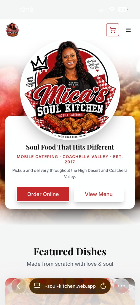 Home page with branding, hero, and order buttons