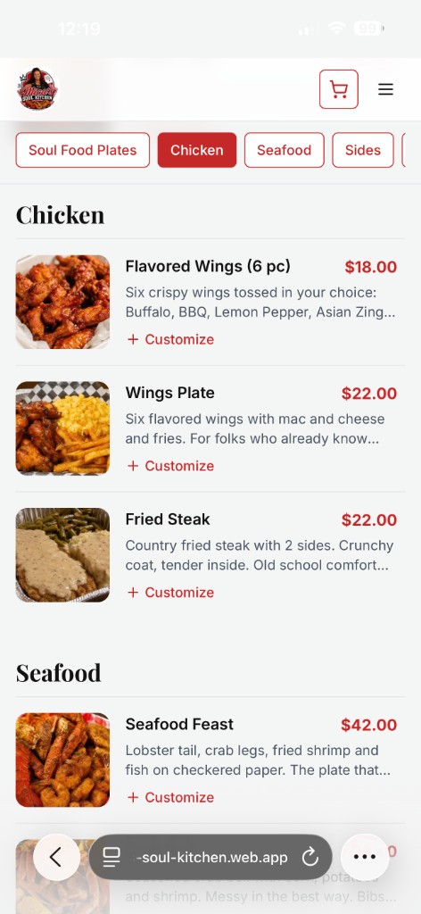 Menu page with category tabs and item list