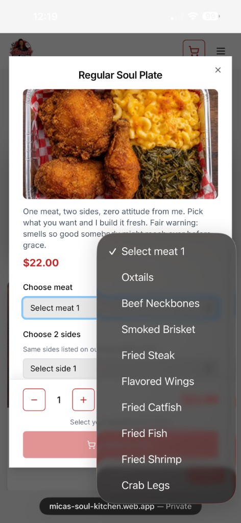 Item customization modal with meat and side options