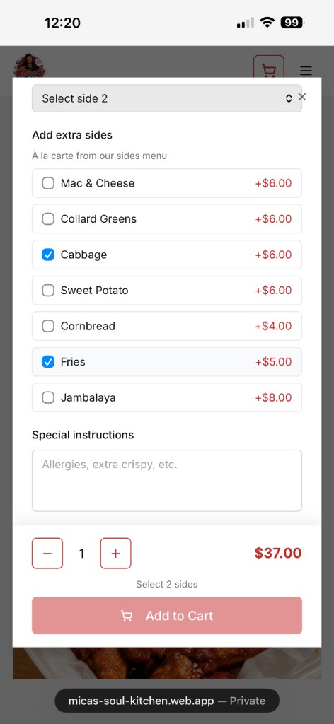 Extra sides selection and add-to-cart flow